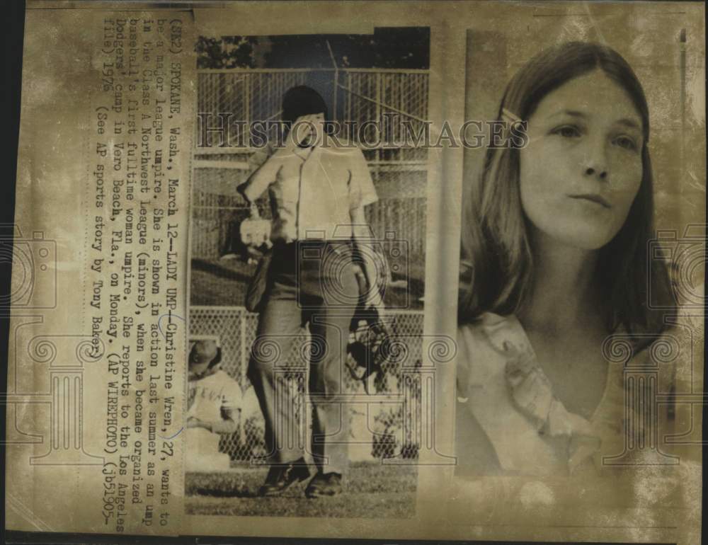 1976 Press Photo Christine Wren portrait &amp; as a baseball umpire in Spokane - Historic Images