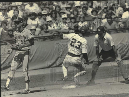 1984 Press Photo Milwaukee Brewers' Ted Simmons pulled into third base, Baseball - Historic Images