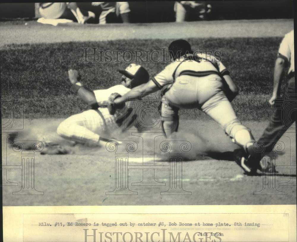 1984 Press Photo Angel Bob Boone Tags Out Brewer Ed Romero During Baseball Game - Historic Images