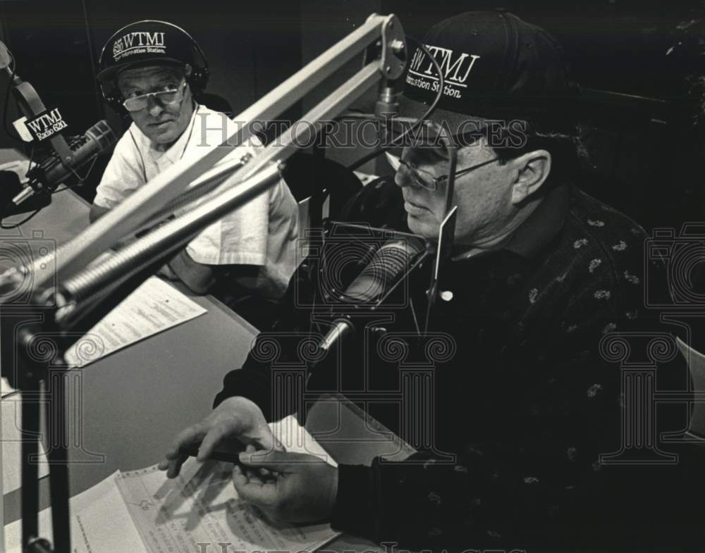 1993 Press Photo Actors Jerry Mathers and Ken Osmond on Radio Show in Wisconsin - Historic Images