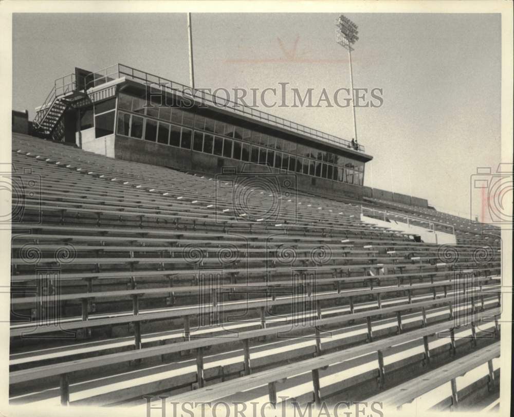 1970, Press box at Oshkosh State University&#39;s Titan football stadium. - Historic Images
