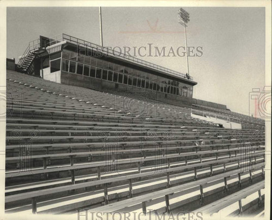 1970, Press box at Oshkosh State University's Titan football stadium. - Historic Images