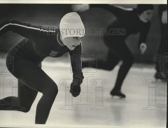1975 Leah Poulos, Shannon Mullen, start of 500 meter at Olympic rink - Historic Images