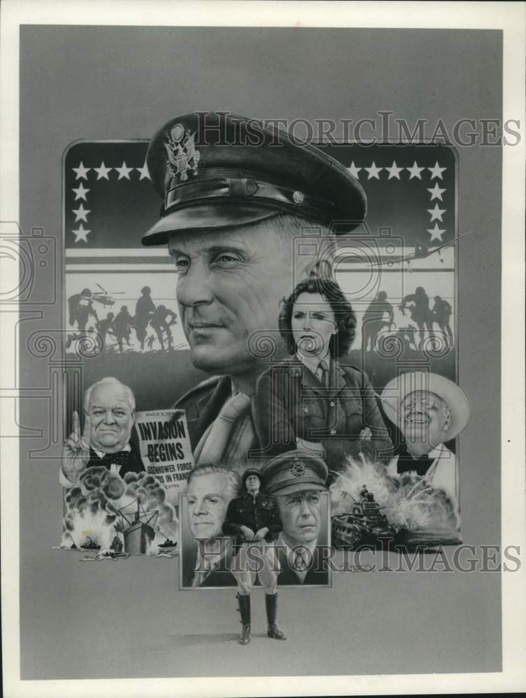 1979 Press Photo Robert Duvall actor, stands in front of &quot;Ike&quot; movie poster. - Historic Images