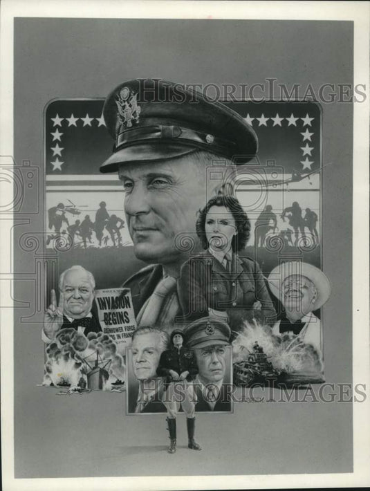 1979 Press Photo Robert Duvall actor, stands in front of "Ike" movie poster. - Historic Images