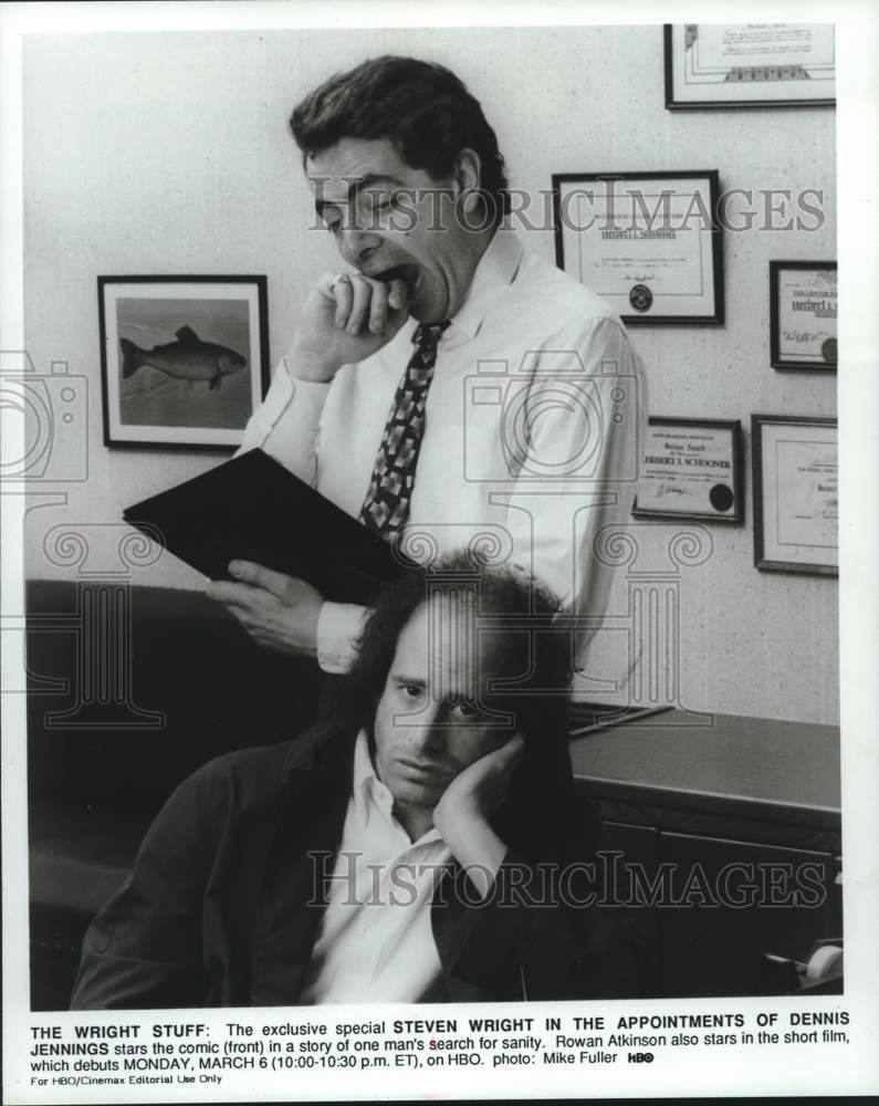 1989 Press Photo Steven Wright and Rowan Alkinson star in HBO short film. - Historic Images