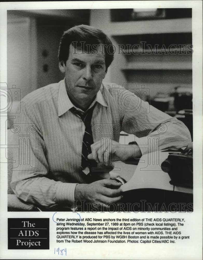 1989 Press Photo Peter Jennings of ABC news anchors &quot;The Aids Quarterly.&quot; - Historic Images