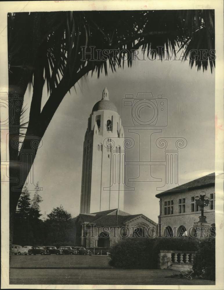 1940, Palm tree frames view of Hoover Institution tower, California - Historic Images