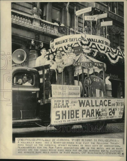 1948 Press Photo A hillbilly band and a merry-go-round ride in Philadelphia - Historic Images