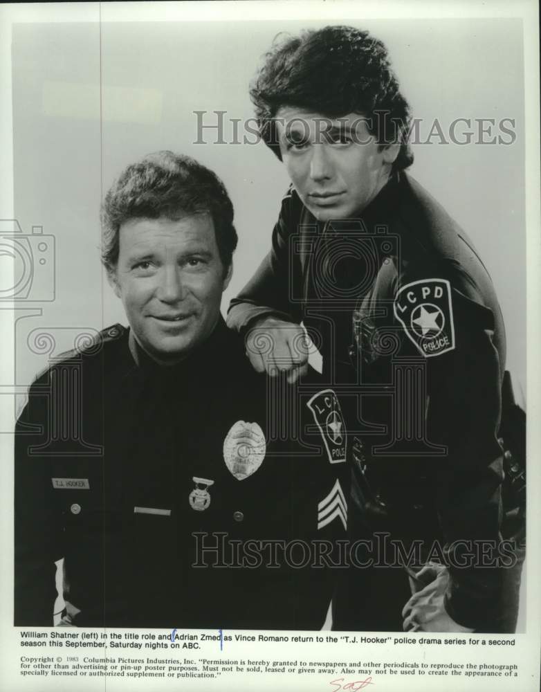 1983 Press Photo William Shatner (L) and Adrian Zmed in ABC&#39;s &quot;T.J. Hooker.&quot; - Historic Images