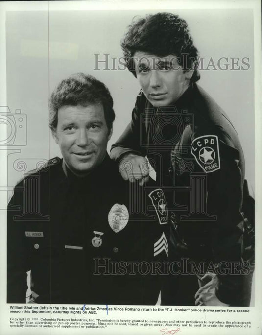 1983 Press Photo William Shatner (L) and Adrian Zmed in ABC's "T.J. Hooker." - Historic Images
