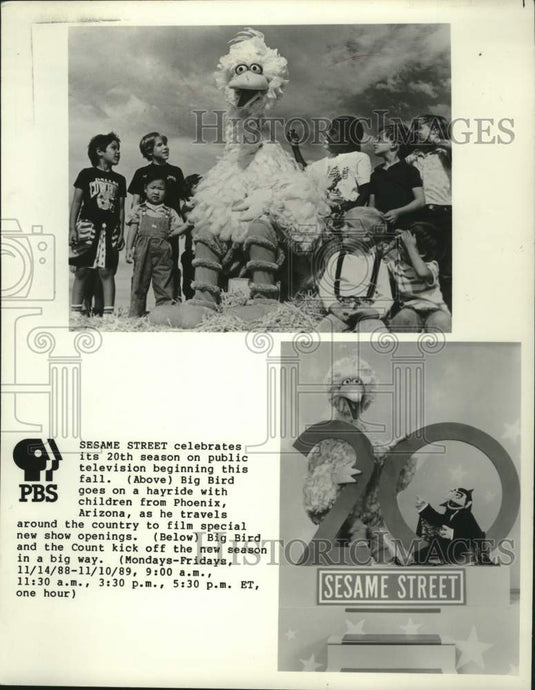 1988 Press Photo Big Bird & the Count kick off 20th season of "Sesame Street" - Historic Images