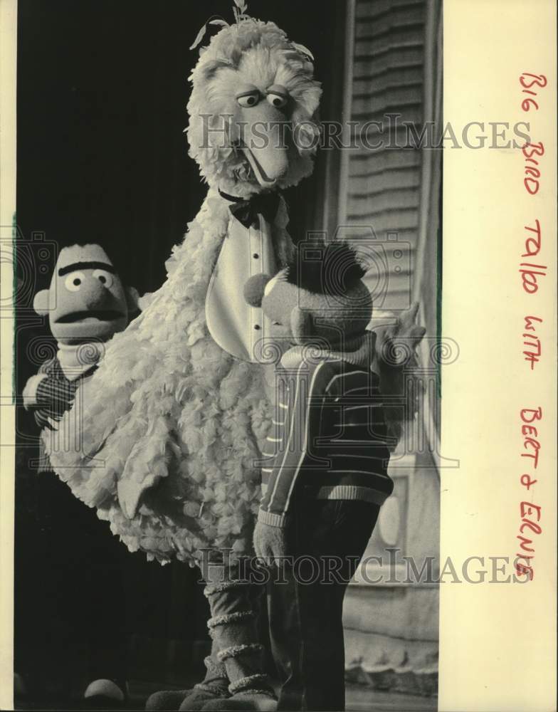 1983 Press Photo Big Bird talks to Bert &amp; Ernie on &quot;Sesame Street&quot; - mjc41056 - Historic Images