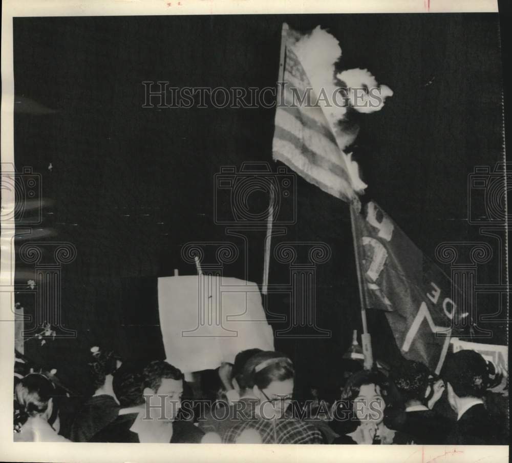 1966, Mexican demonstrators burn U.S. flag in protest, Mexico City - Historic Images