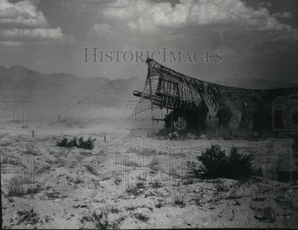 1984, Howitzer Battery Kicks Dust as Fired in Training, Mojave Desert - Historic Images
