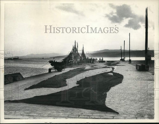 1957 Fishing Nets Drying on Wharf at Port of Palomos in Spain-Historic Images