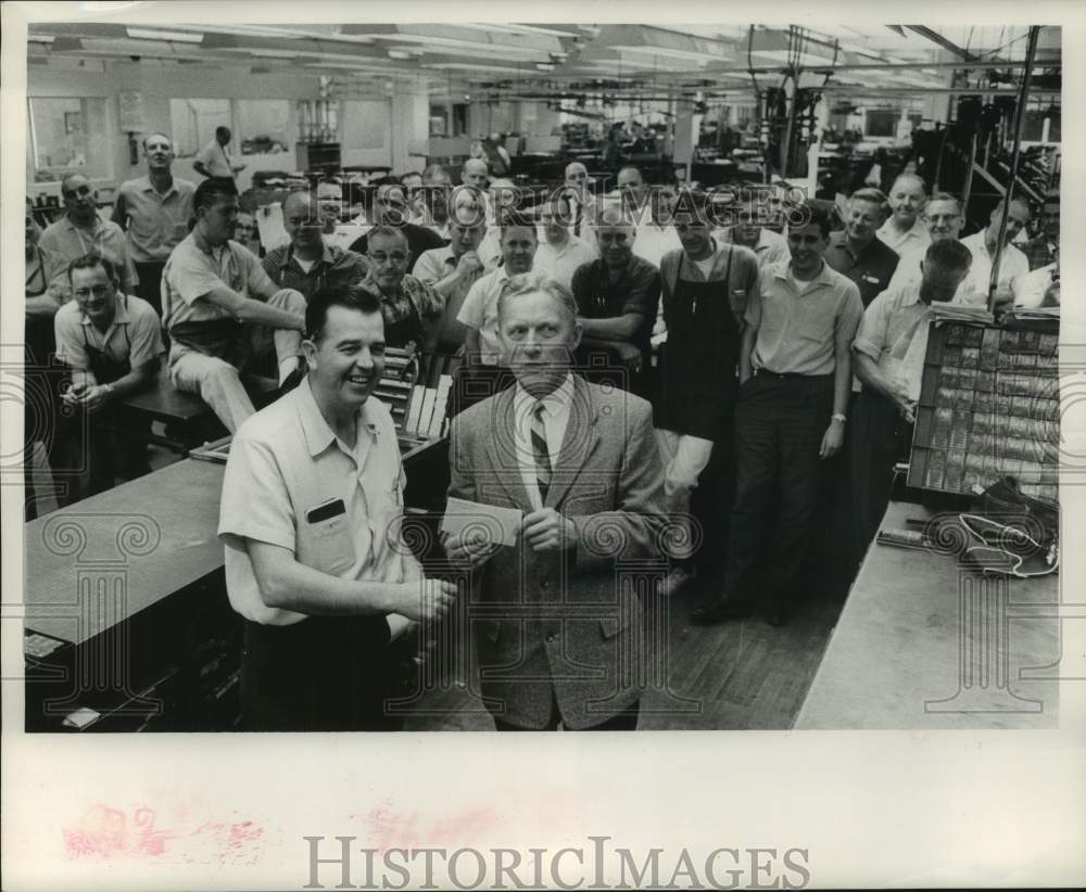 1962, A Milwaukee Journal composing room employee celebrates 25 years - Historic Images