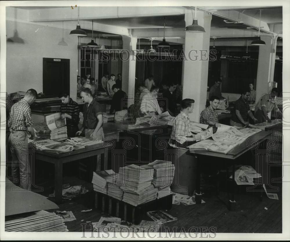 1957, The Milwaukee Journal Employees sort through ROP newspapers, WI - Historic Images