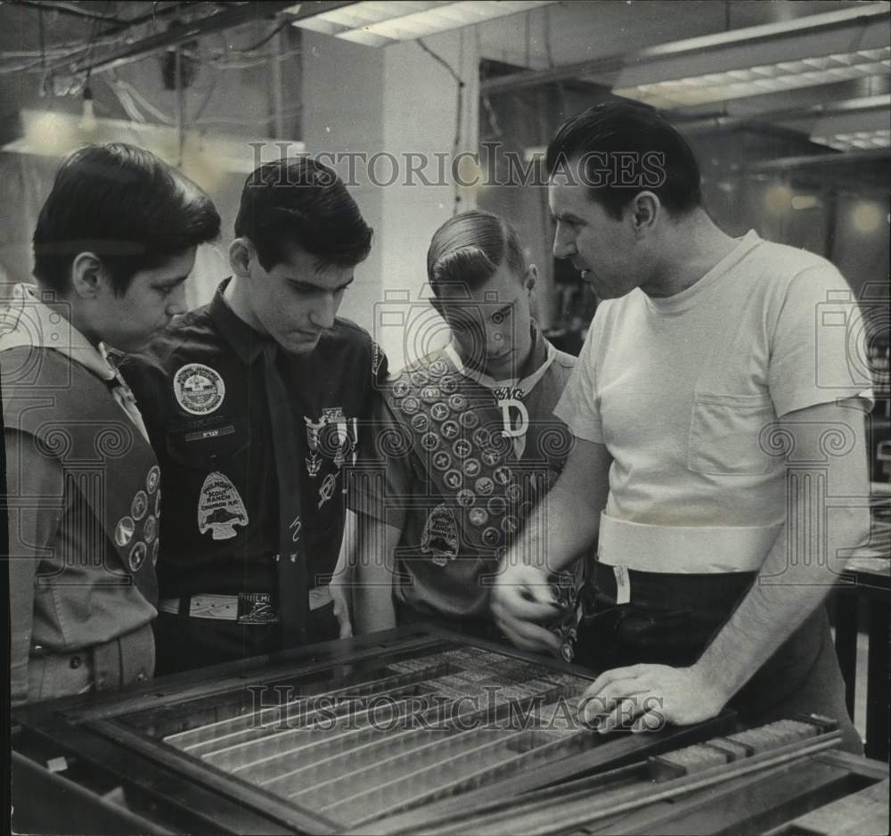 1962, Boy Scouts watch Frank Gajdos, Journal Newspaper compositor, WI - Historic Images