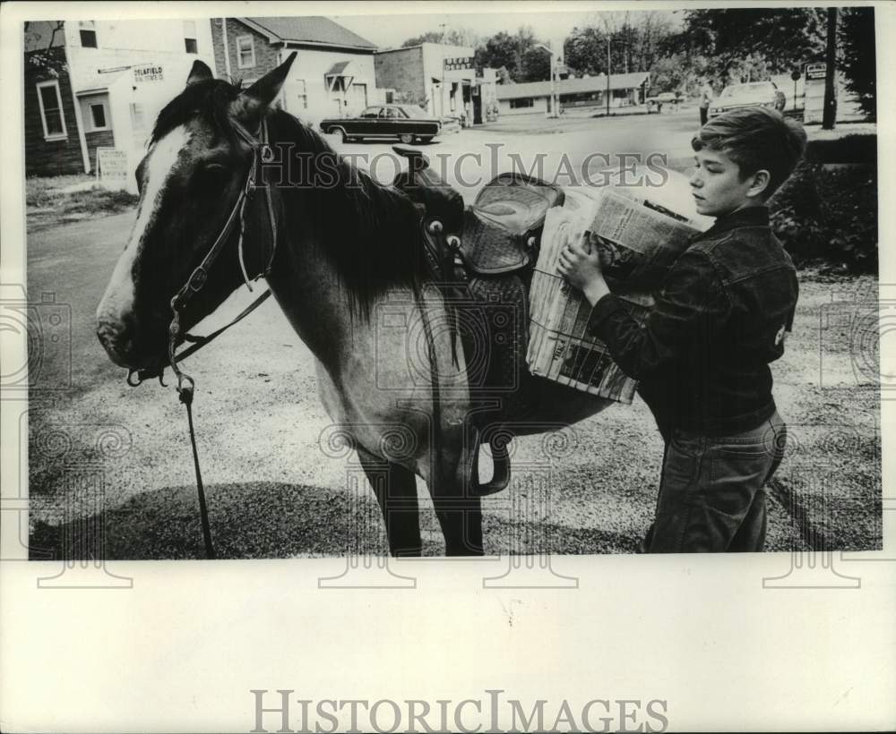 1968, Milwaukee Journal carrier Joe Noll delivers with his horse, WI - Historic Images