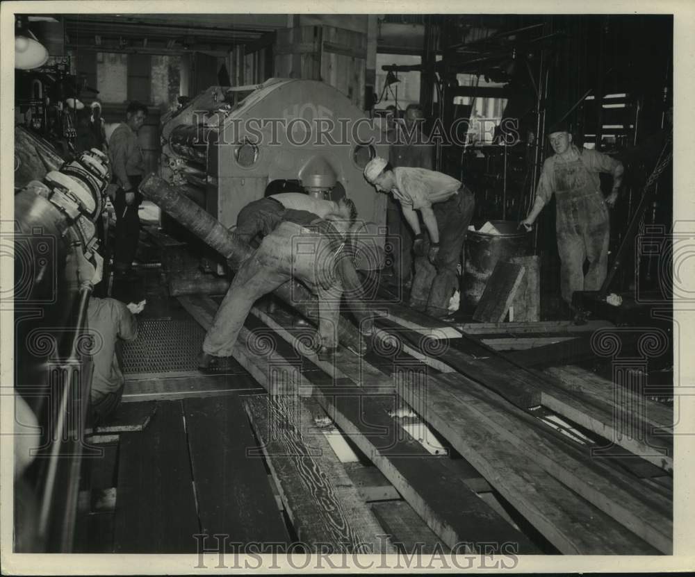 1947, Men install Milwaukee Journal Newspaper print press, Wisconsin - Historic Images