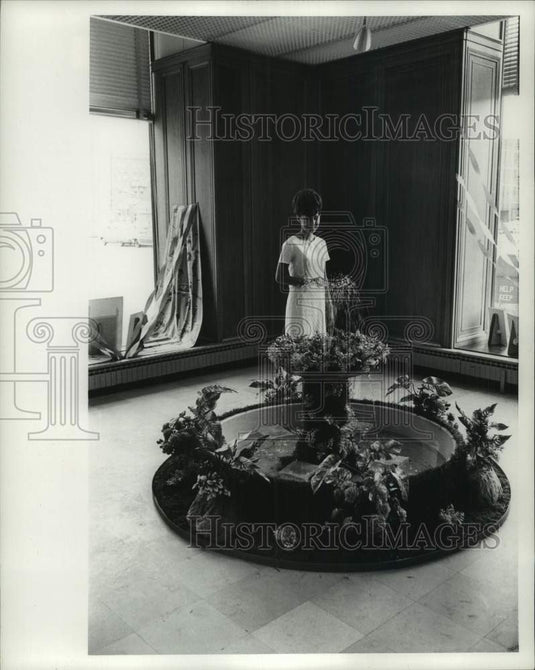 1968, Woman looks at fountain, Milwaukee Journal Lobby, Wisconsin - Historic Images