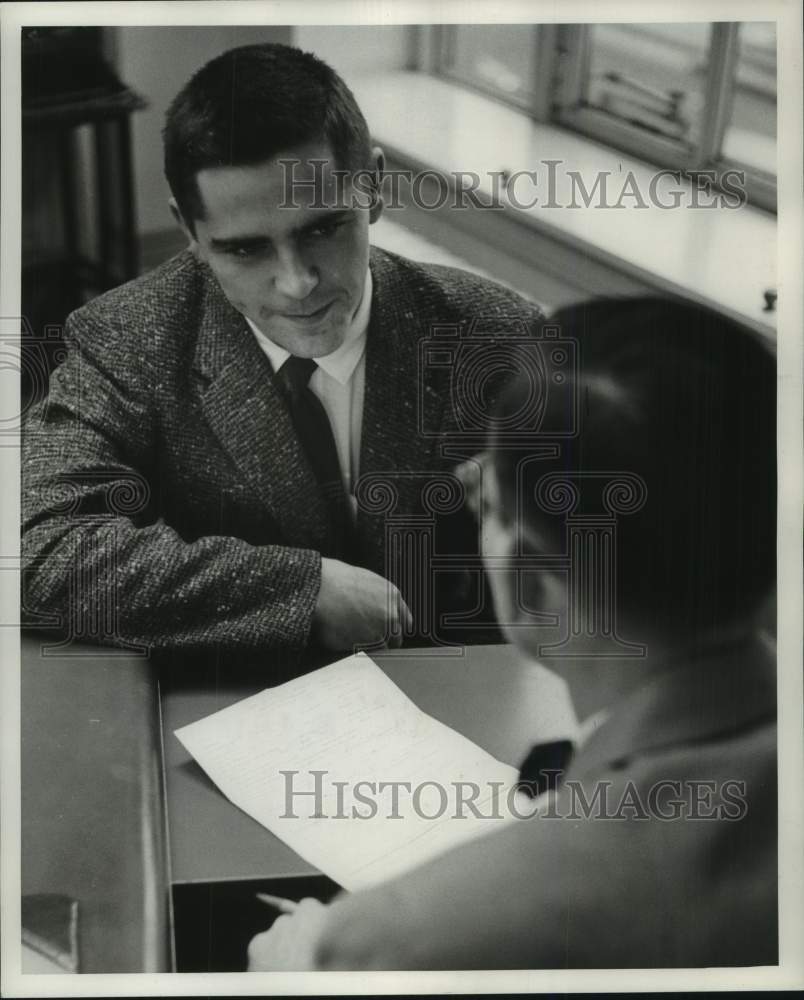 1956, Man in job interview at Milwaukee Journal newspaper, Wisconsin - Historic Images