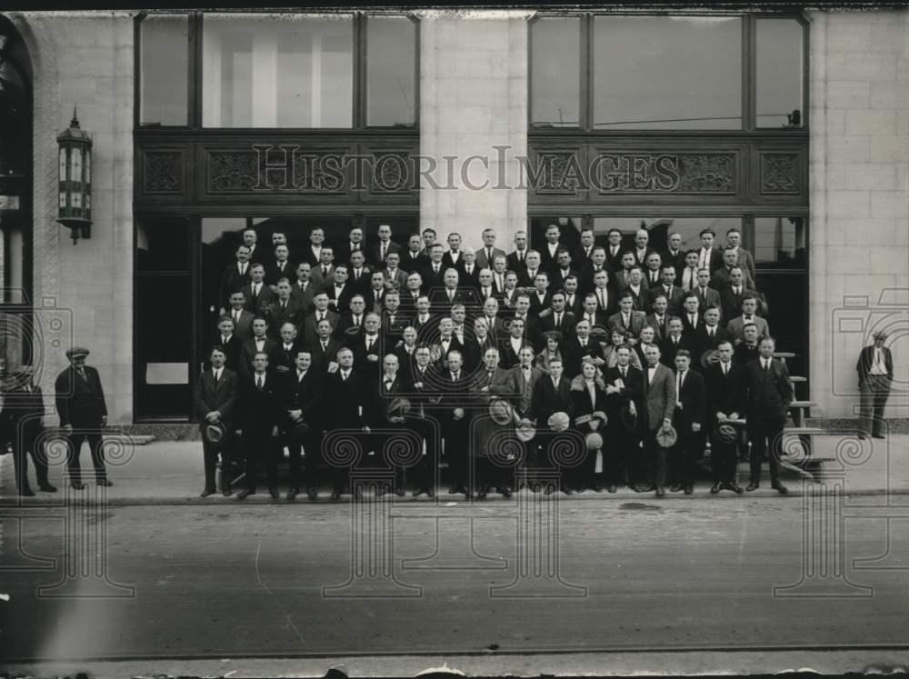 1945, Milwaukee Journal Employees pose together outside building, WI - Historic Images