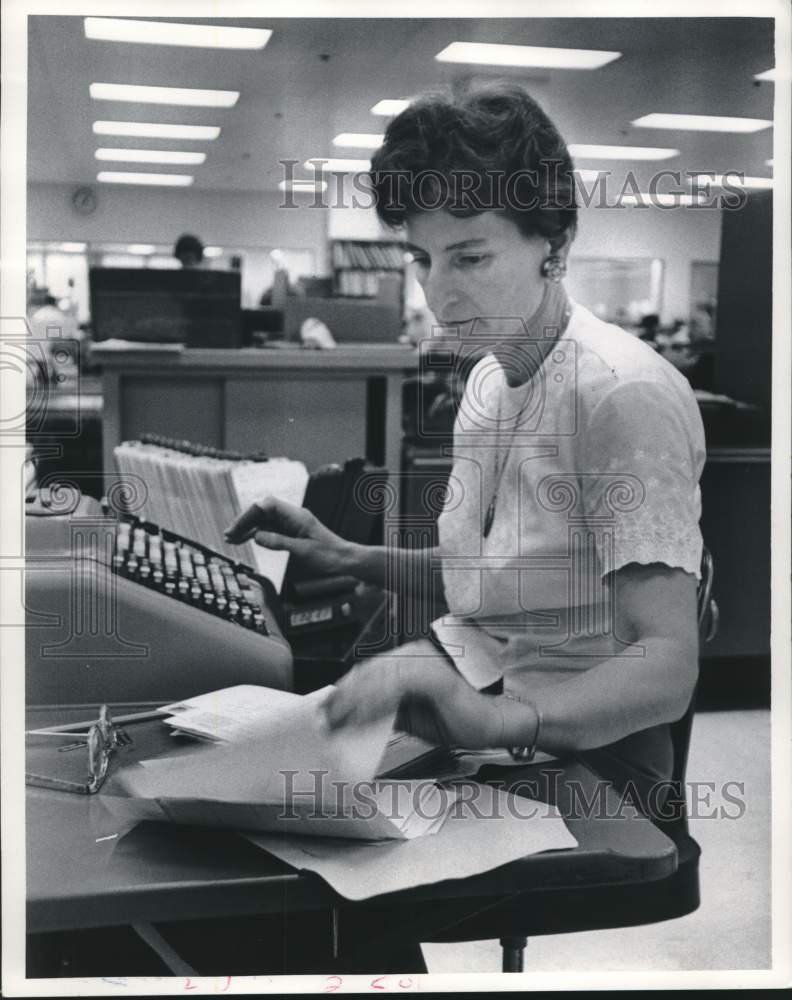 1965, Milwaukee Journal&#39;s Ginny Toth at desk Accounting Department WI - Historic Images