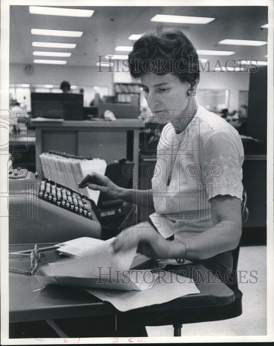 1965, Milwaukee Journal's Ginny Toth at desk Accounting Department WI - Historic Images