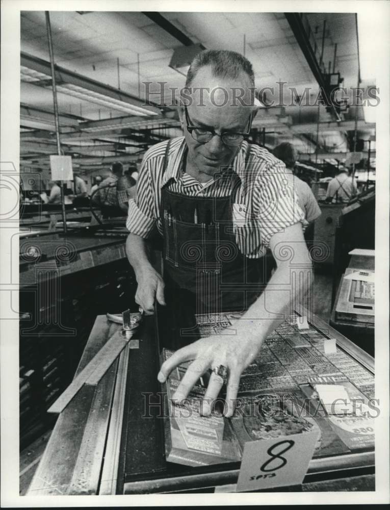 1975, Milwaukee Journal Worker disassembles plate, Composing Room, WI - Historic Images