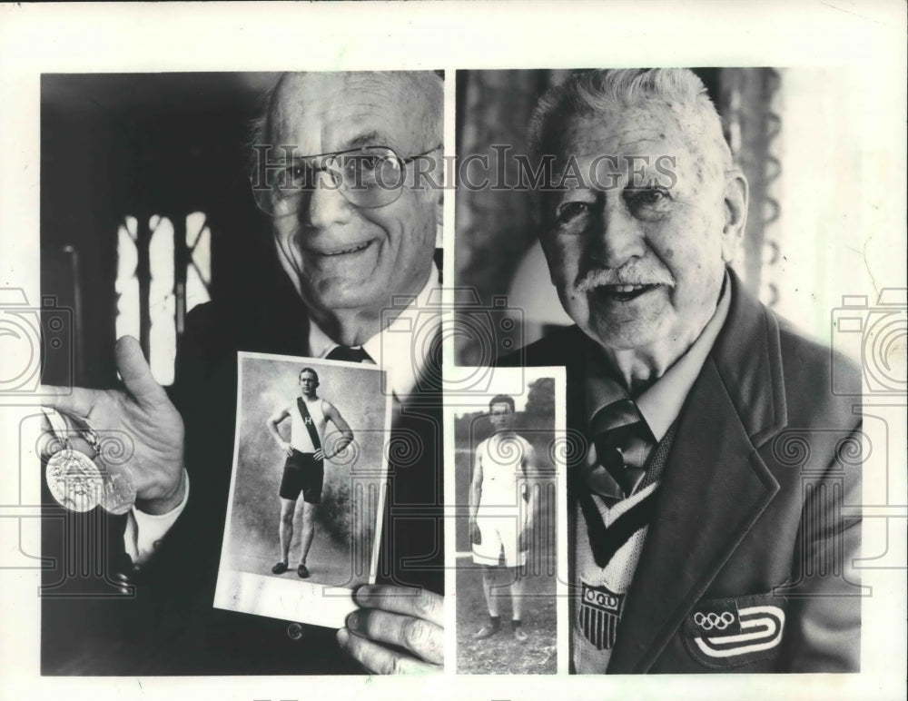 1984 Press Photo Ellery Clark Jr. and Photo of Father, and Abel Kiviat- Historic Images