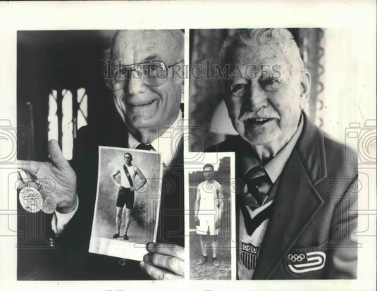 1984 Press Photo Ellery Clark Jr. and Photo of Father, and Abel Kiviat- Historic Images