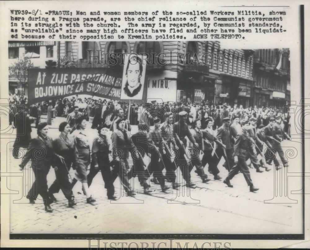 1949 Press Photo Workers Militia Marches in Prague, Czechoslovakia - mjm05602- Historic Images