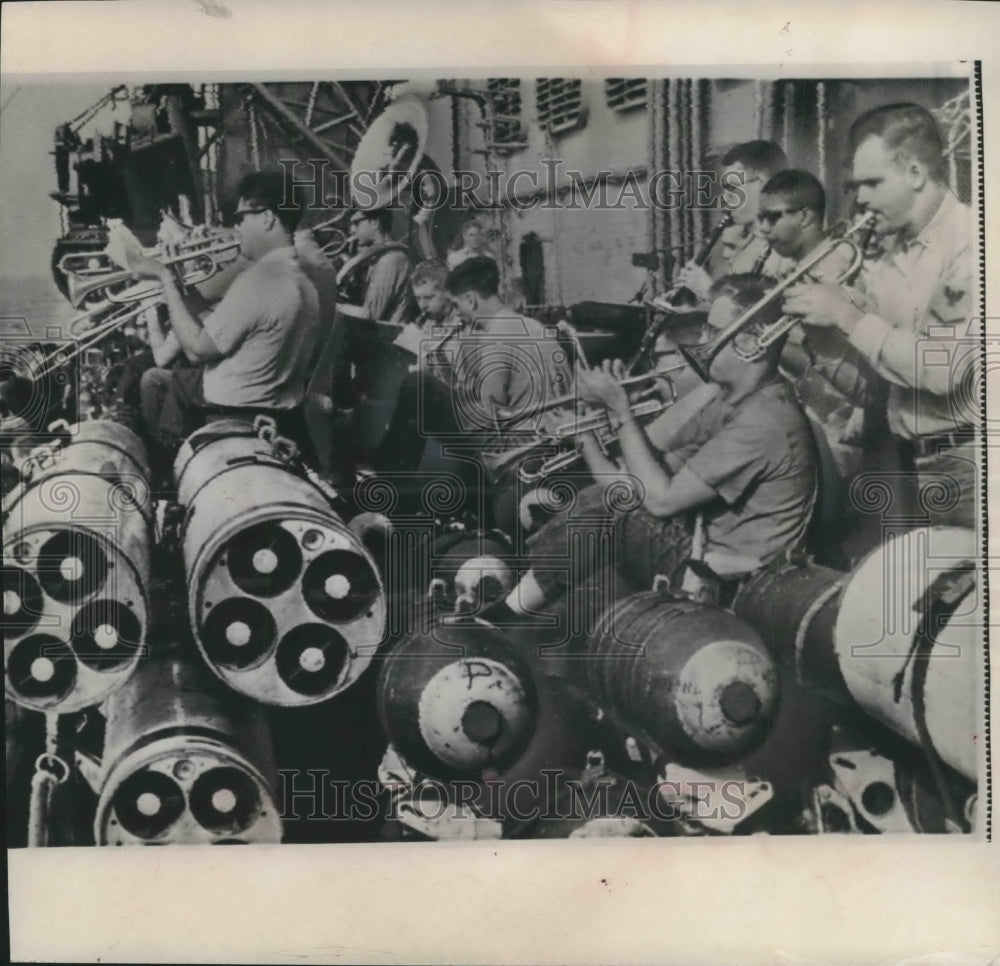 1966 Press Photo Navy band plays on the flight deck of US carrier Kitty Hawk - Historic Images