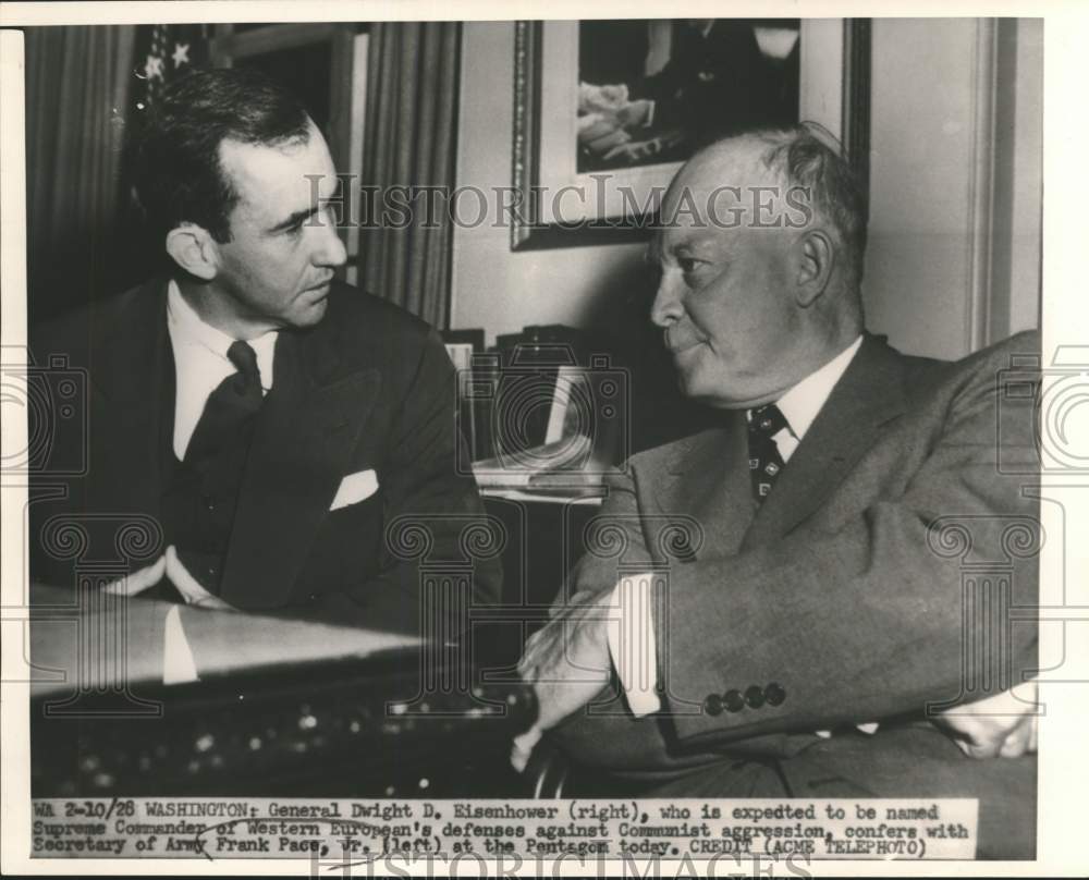 1950 Dwight D. Eisenhower meeting with Frank Pace Jr., in Washington - Historic Images