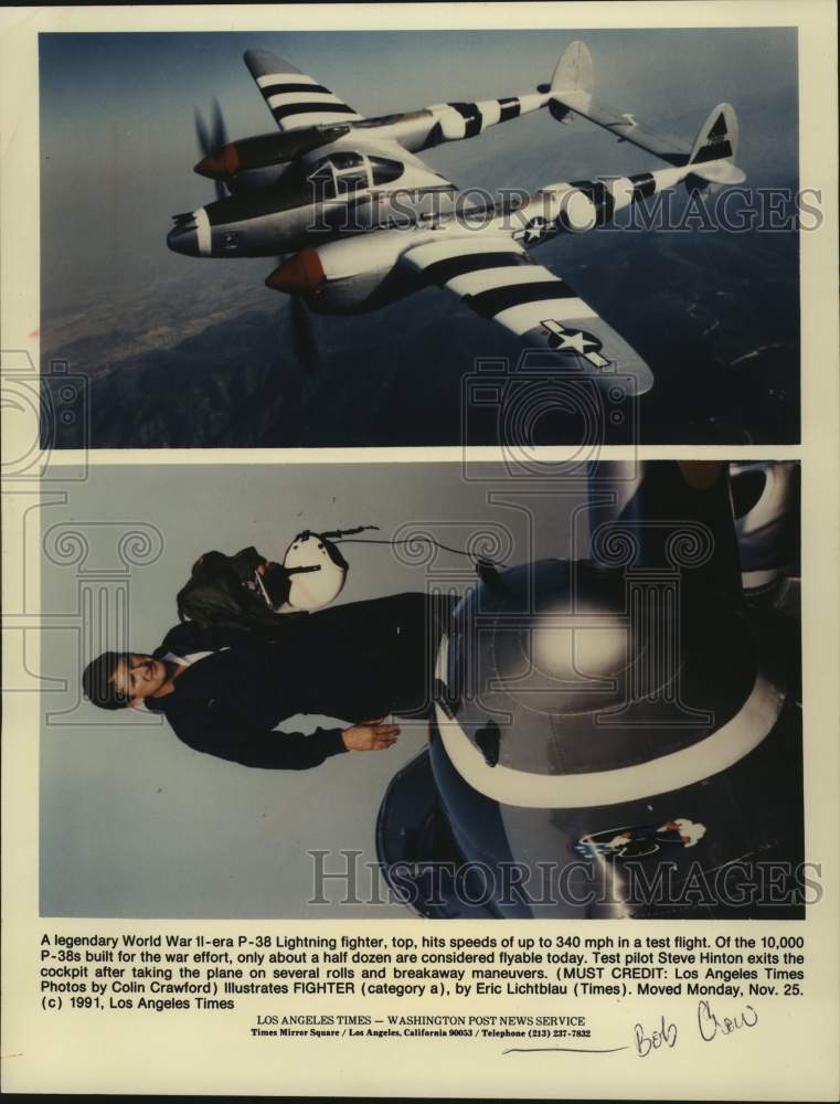 1991 World War Two P-38 Lighning fighter jet w/pilot, Steve Hinton - Historic Images