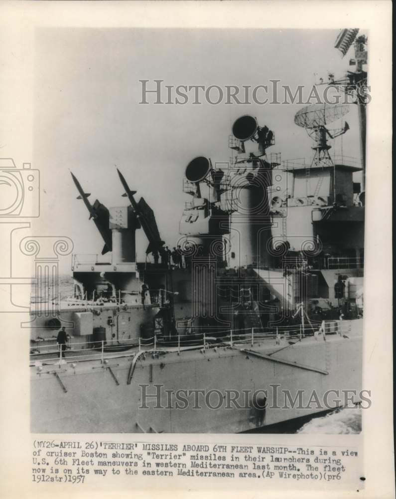 1957 Press Photo Navy cruiser Boston showing &quot;Terrier&quot; missiles in Mediterranean - Historic Images
