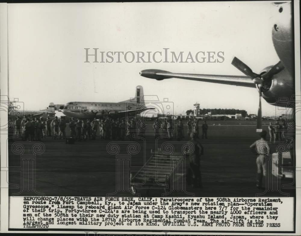 1955 Press Photo 508th Airborne Regiment Board C-124s in Operation Gyroscope - Historic Images