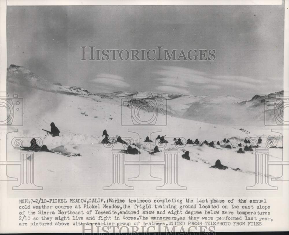 1953 Marine training in deep snow and cold in Sierra Mountains. - Historic Images