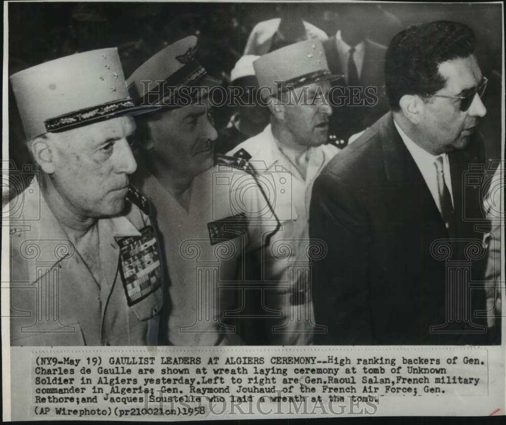 1958 Gaullist leaders at wreath-laying ceremony, Algiers, Algeria - Historic Images