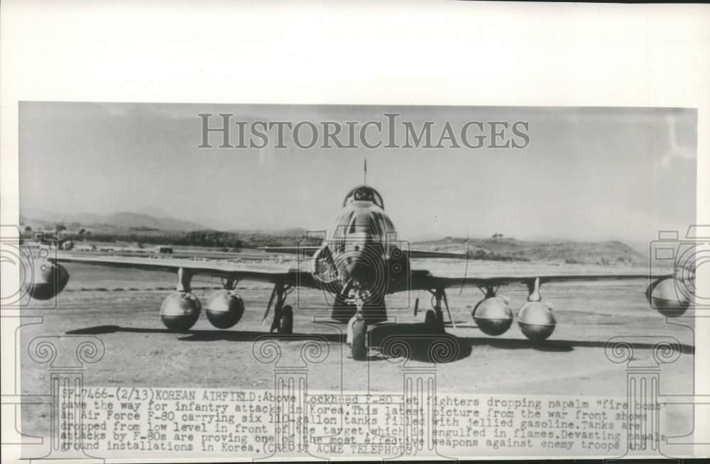 Press Photo Air Force F-80 carrying six napalm "fire bombs" at Korean airfield - Historic Images
