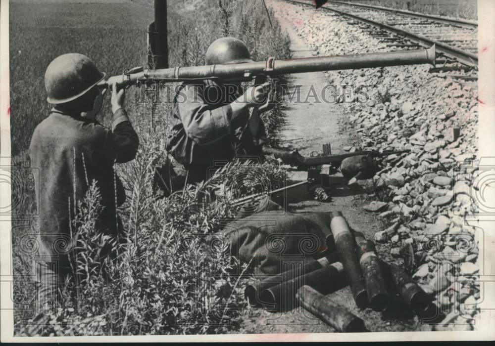 1951 Two American Soldiers load Bazooka gun near rail line Korea War-Historic Images