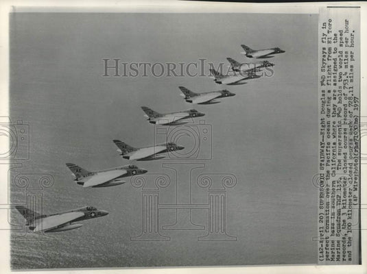 1957 Press Photo Marines' supersonic Douglas F4D Skyrays fly over Pacific Ocean - Historic Images