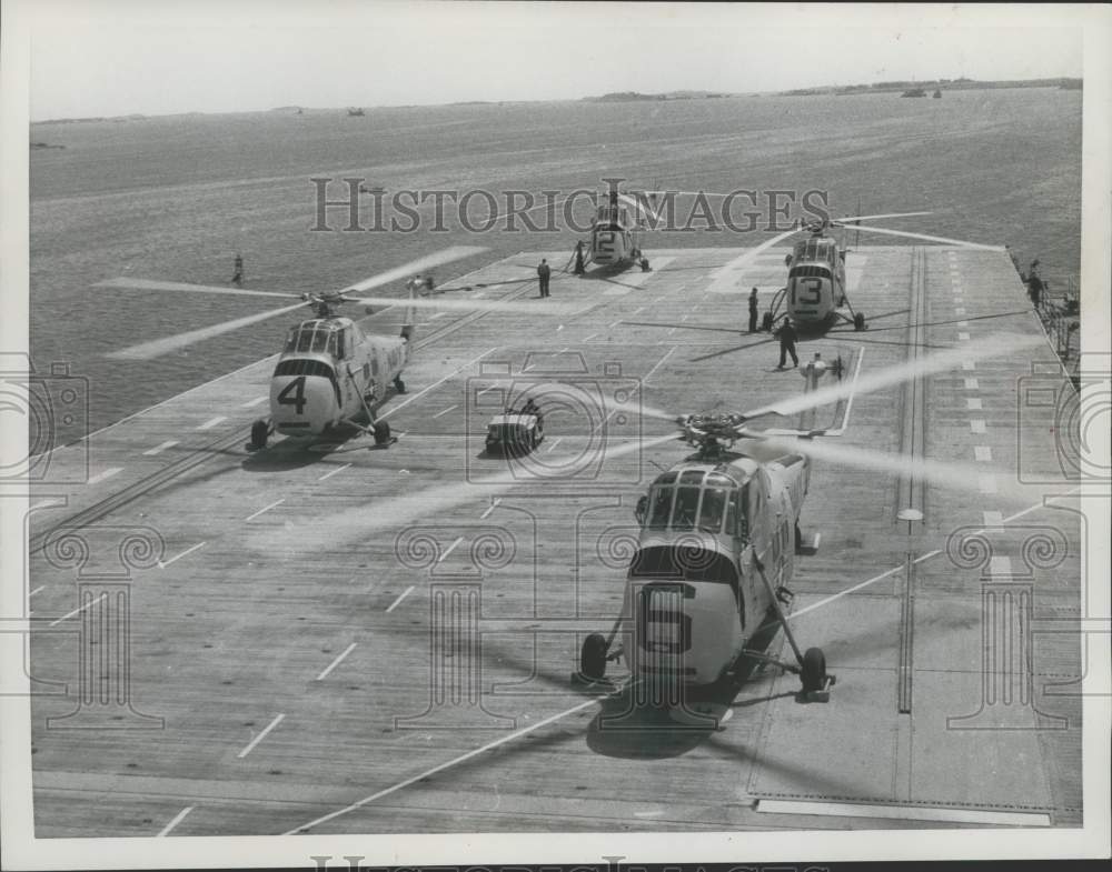 1958 Navy Helicopters Launch from Aircraft Carrier USS Wasp, Boston - Historic Images