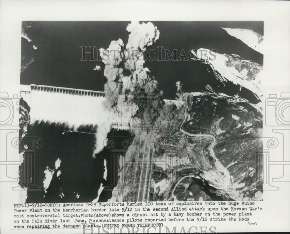 1952 Navy bomber drops explosives on a power plant near Manchuria - Historic Images