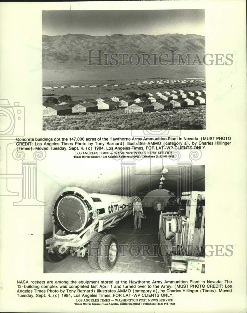 1984 Press Photo Interior and exterior of Hawthorne Ammunition Plant, Nevada - Historic Images