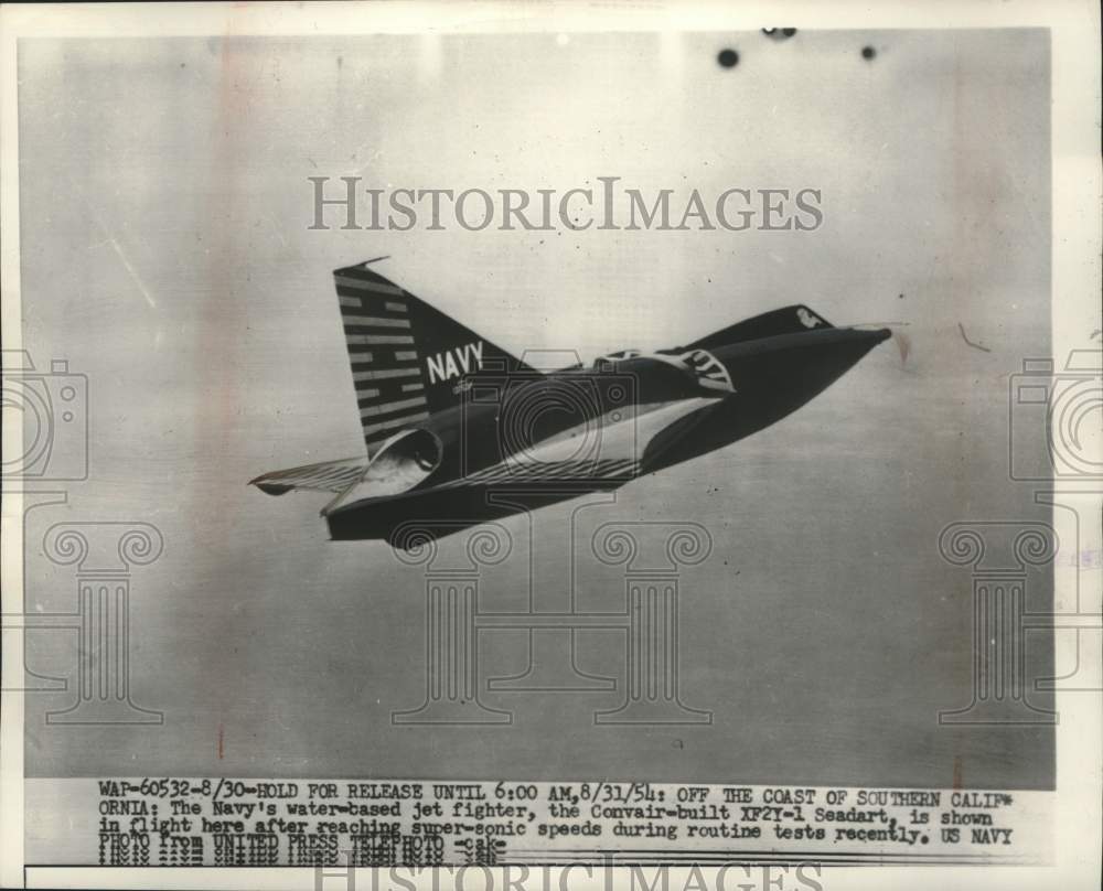 1954 Press Photo US Navy jet fighter XF2Y-1 Seadart breaking supersonic speed - Historic Images