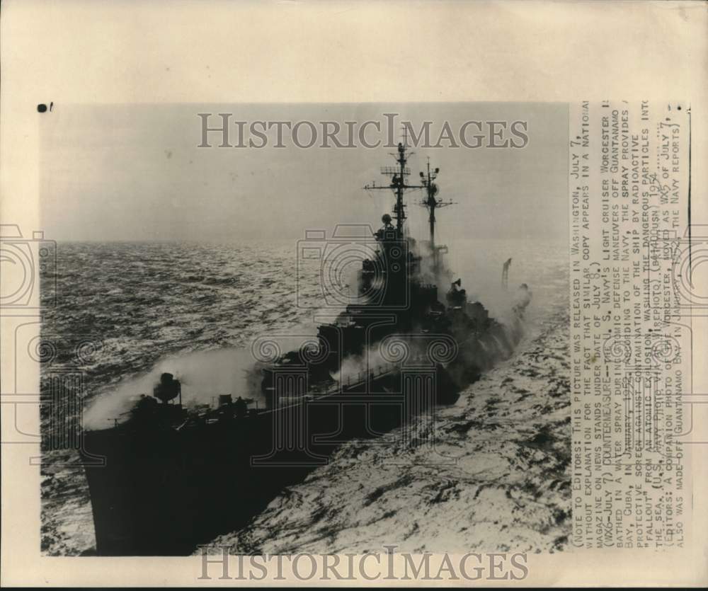 1952 Press Photo US Navy cruiser Worcester bathed in water spray off Cuba. - Historic Images