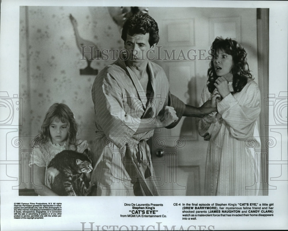 1985 Press Photo Drew Barrymore, James Naughton &amp; Candy Clark in Cat&#39;s Eye - Historic Images